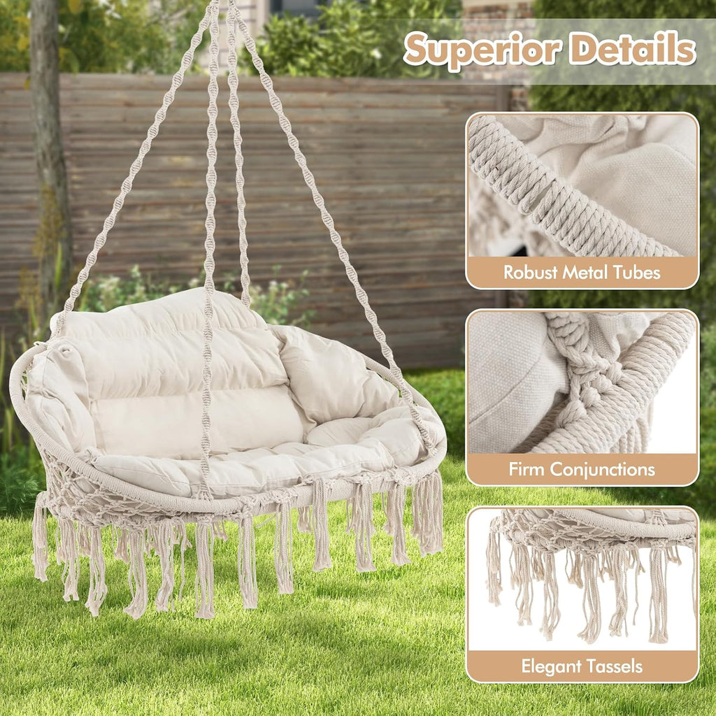RELAX4LIFE Hammock Macrame Swing Chair - Swinging Chair w/Removable Cushion & Handwoven Tassels, Max 440 LBS, Indoor Outdoor Hanging Chair for Bedroom Patio Porch, Boho Hammock Swing (52 x 26 inch)