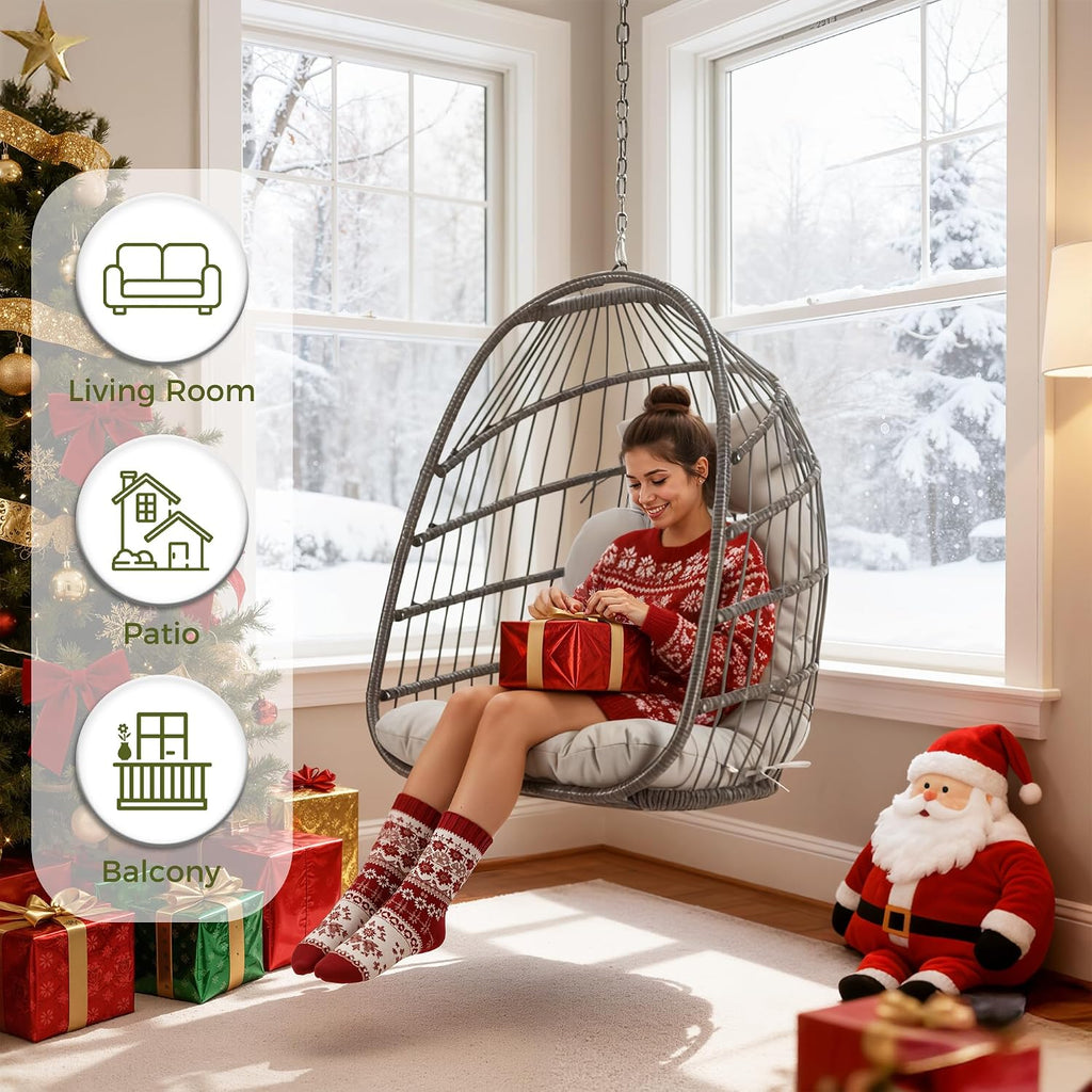 RADIATA Hanging Egg Chair Outdoor Without Stand, Weather-Resistant Wicker Rattan Swing with Cozy Cushion, 350Lbs Indoor Outdoor Eggshell Hammock Seat for Patio Porch Bedroom Balcony, Light Grey
