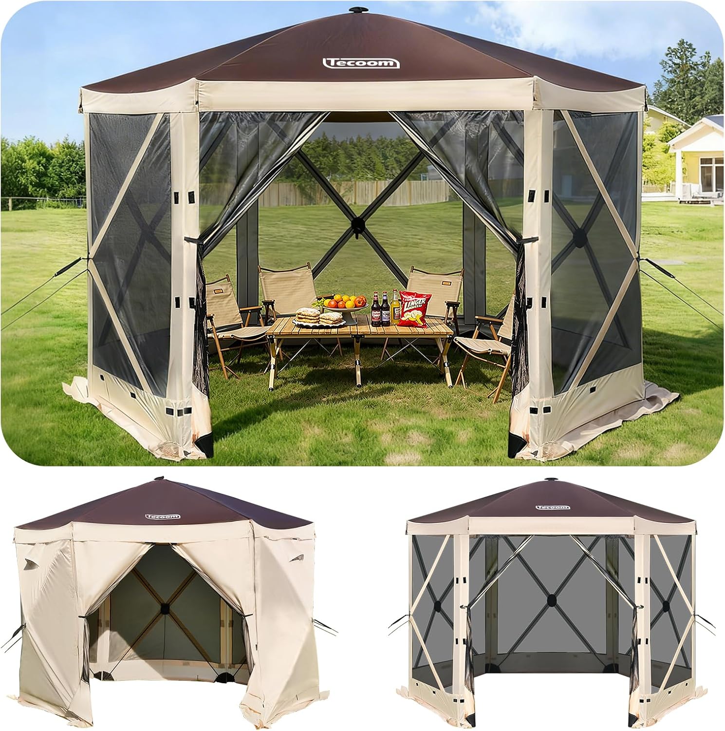 Tecoom 6-Sided 10x10ft Pop Up Gazebo Tent, Screen House with Mosquito Netting Canopy for Camping, Portable Sun Shelter with Removable Siedwalls for Outdoor, Garden, Activities