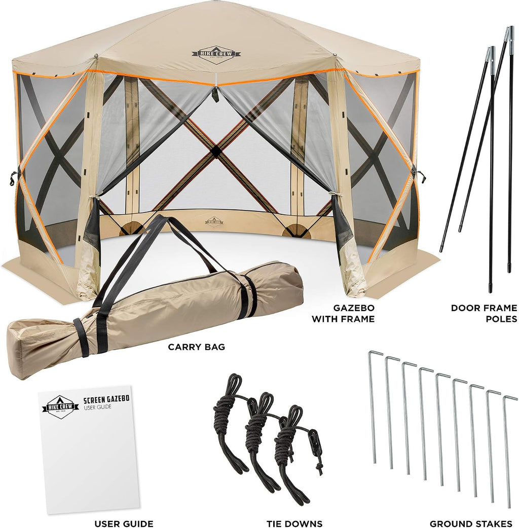 Hike Crew 6-Panel Pop-Up Screen House Gazebo 140x140 Inch – Instant Setup 6-Sided Hub Tent UV Resistant (SPF 50+) Fits 9 People Heavy Duty 210D Material – Includes Carry Bag & Ground Stakes