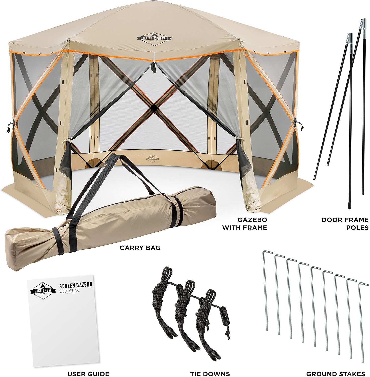 Hike Crew 6-Panel Pop-Up Screen House Gazebo 140x140 Inch – Instant Setup 6-Sided Hub Tent UV Resistant (SPF 50+) Fits 9 People Heavy Duty 210D Material – Includes Carry Bag & Ground Stakes