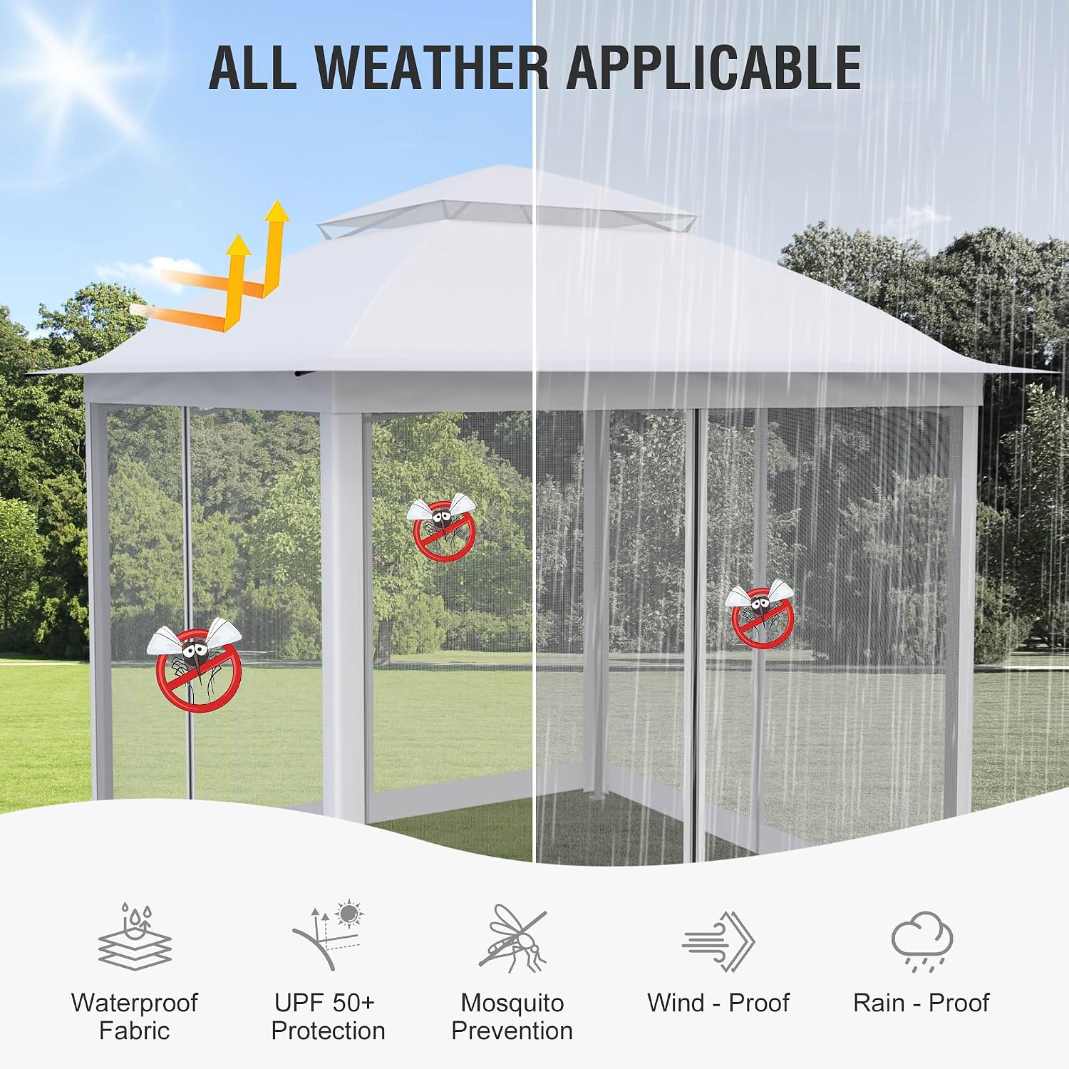 Pop Up Gazebo 11x11, Outdoor Instant Canopy Shelter Tent with Mosquito Netting Metal Frame Storage Bag for Patio Garden Backyard.(White)