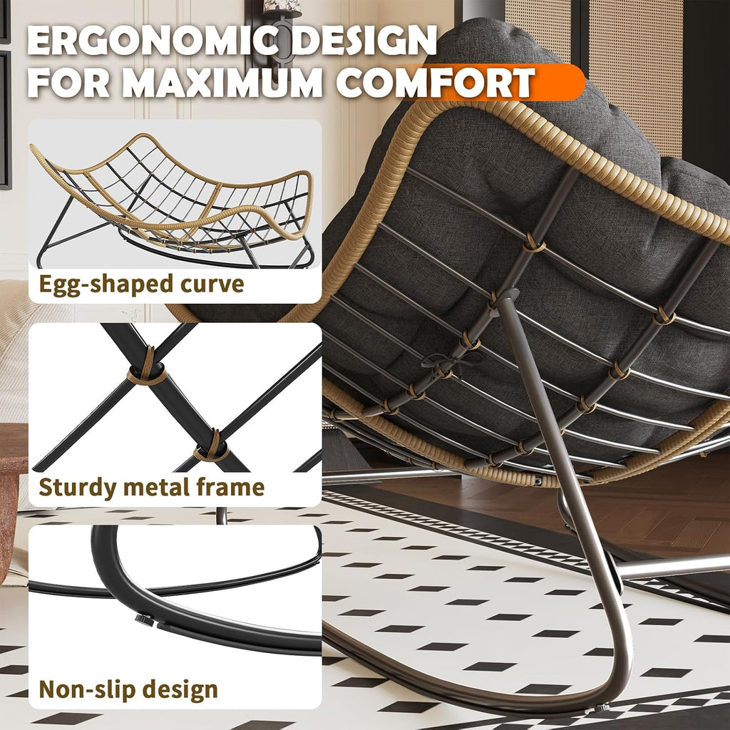 Outdoor Rocking Chair, 2 PCS Indoor Papasan Chairs, Oversized Egg Rocking Chair with Thick Cushion, Rattan Wicker Rocker Lounge Chair for Bedroom, Living Room, Patio, Garden, Porch (Dark Grey)
