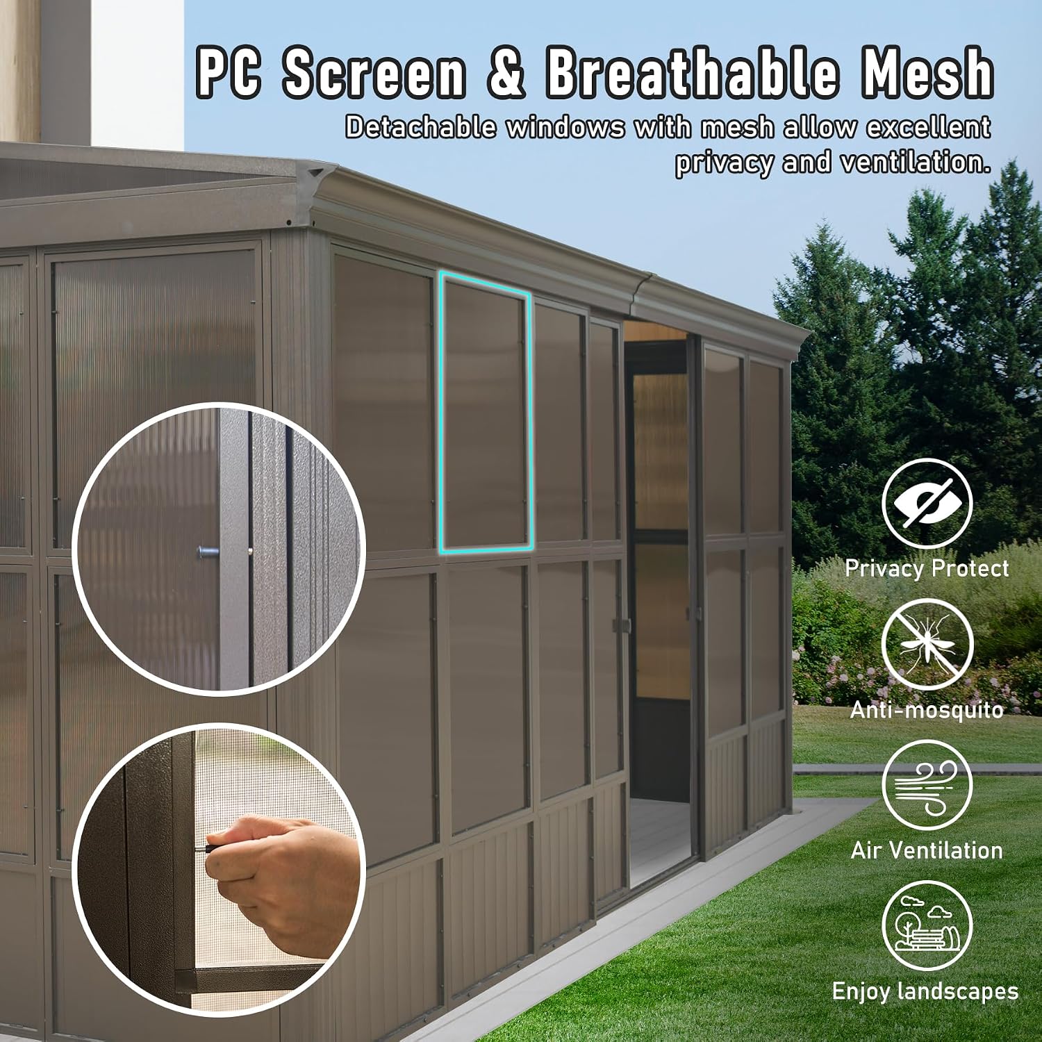 Domi 12x16FT Lean-to Sunroom, Wall Mounted Solarium with Galvanized Steel Sloping Roof, Moveable PVC Screen, Front Door&Side Sliding Door, Outdoor Permanent Gazebo Against Wall Sun Room for Patio Deck
