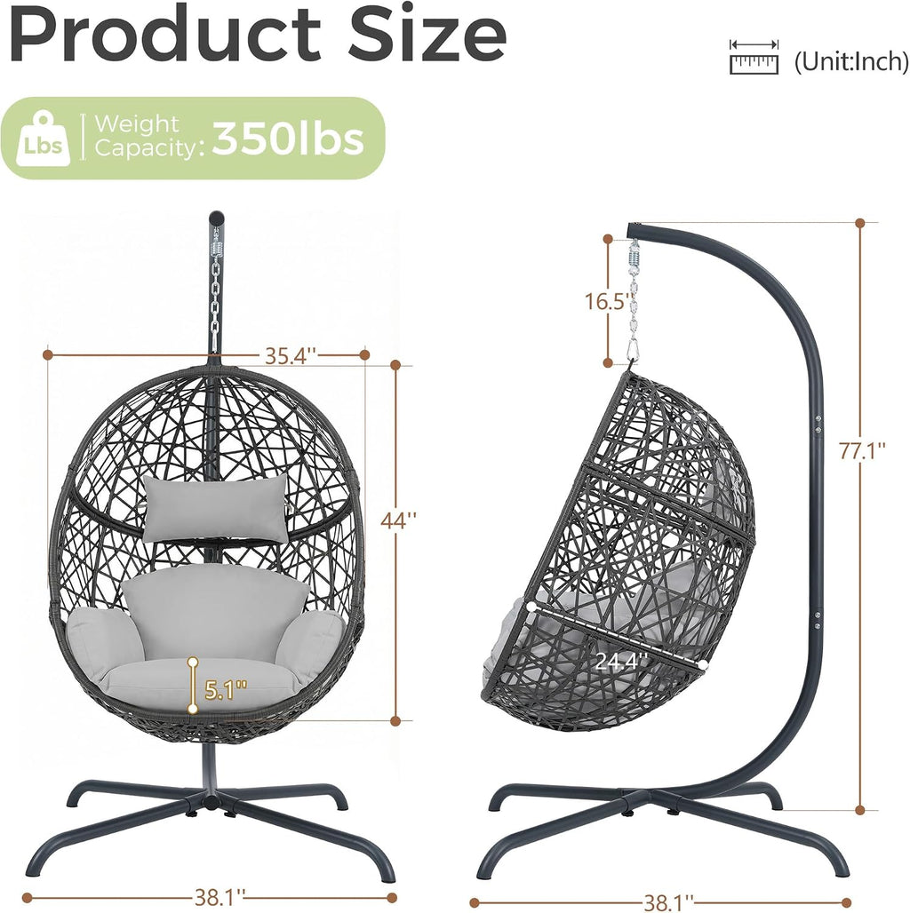 RADIATA Hanging Egg Chair with Stand, Outdoor Egg Swing Chair with Cozy Cushion, 350lbs Rattan Bird Nest Eggshell Basket Seat, Patio Swinging Chair for Indoor Balcony Porch, Grey