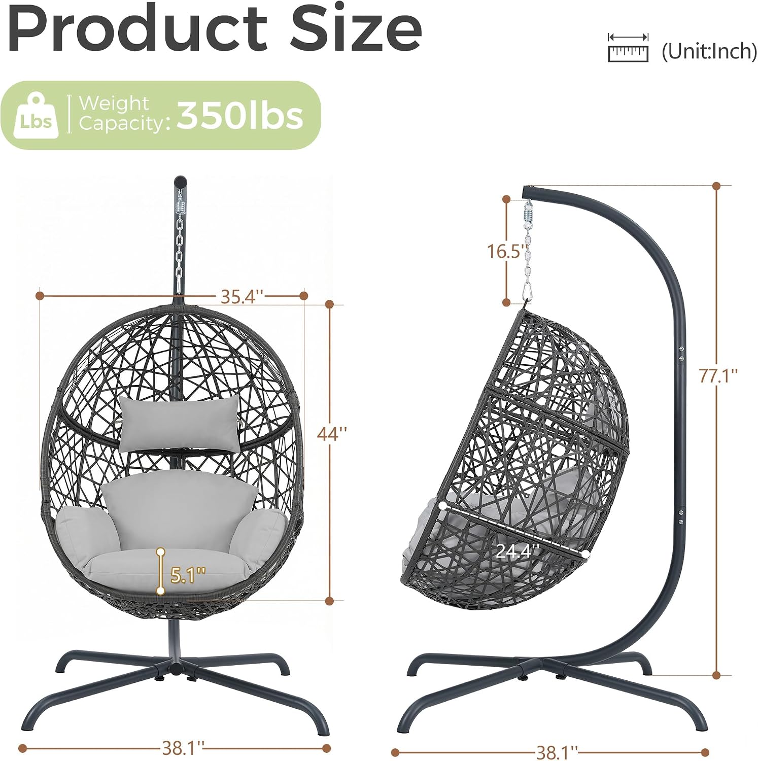 RADIATA Hanging Egg Chair with Stand, Outdoor Egg Swing Chair with Cozy Cushion, 350lbs Rattan Bird Nest Eggshell Basket Seat, Patio Swinging Chair for Indoor Balcony Porch, Grey