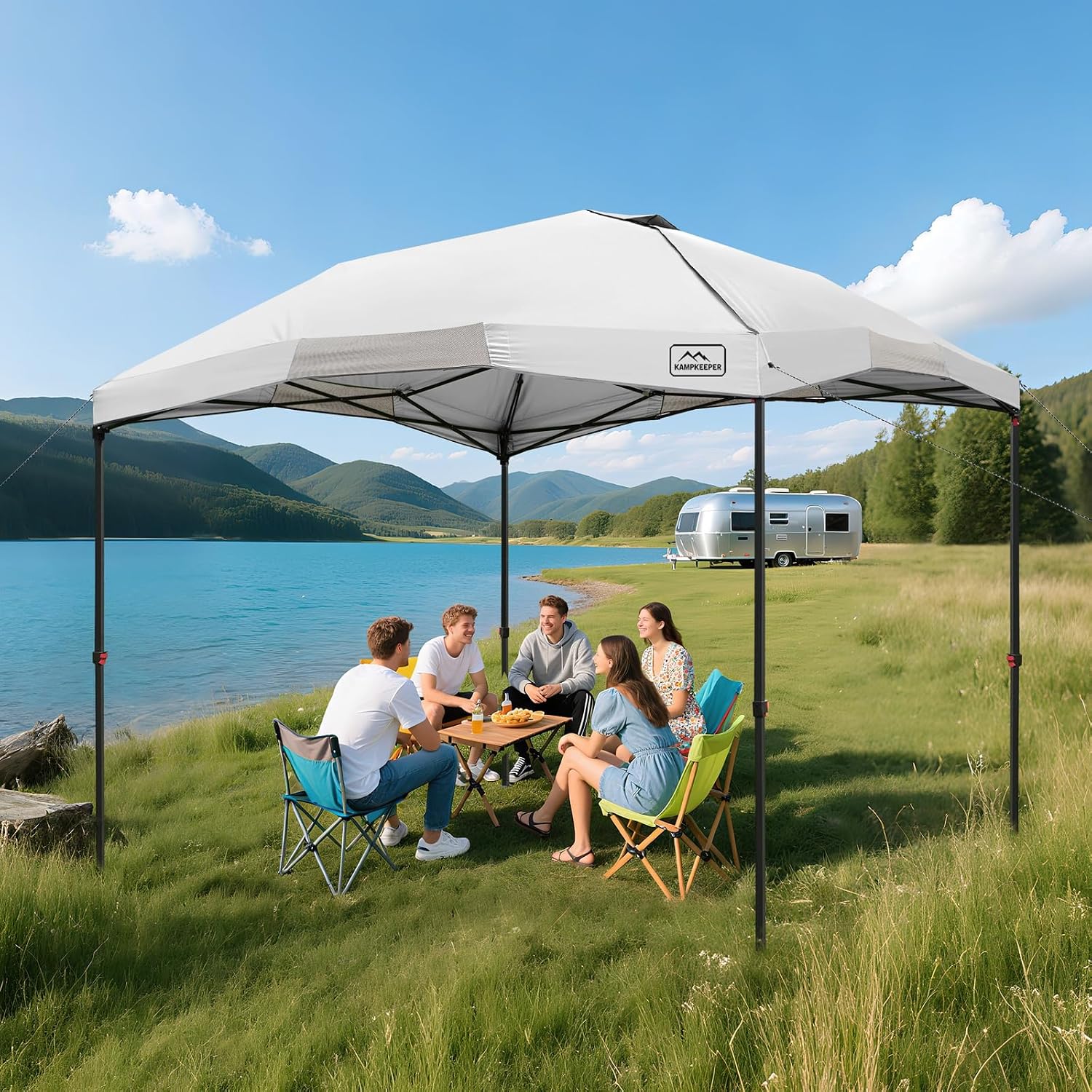 KAMPKEEPER 12x12 Pop Up Canopy Tent,Heavy Duty Outdoor Sun Shade for Events,Camping,Parties - Polygonal Patio Gazebo with Wheeled Bag,4 sandbags (White, 12x12FT)