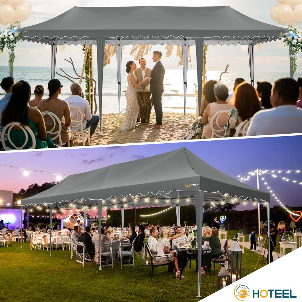 HOTEEL 10x30 Pop Up Canopy with 8 Sidewalls, Easy Setup Party Tent with Weight Bags, Wheeled Bag, Waterproof Event Shelter with Extra Roof Height for Backyard, Wedding (Green Gray)