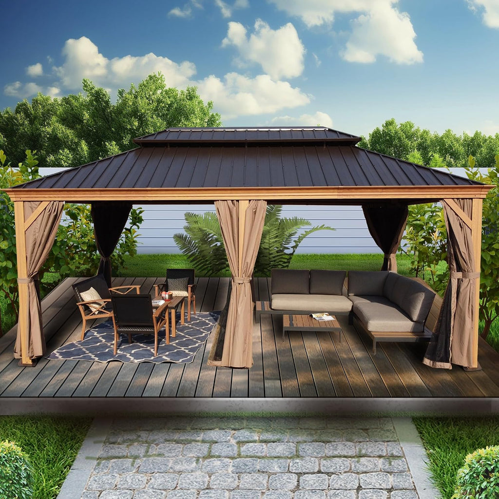 Kozyard Apollo 12'x20' Hardtop Gazebo, Wooden Coated Aluminum Frame Canopy with Galvanized Steel Double Roof, Outdoor Permanent Metal Pavilion with Netting for Patio, Deck and Lawn (12ft x 20ft)