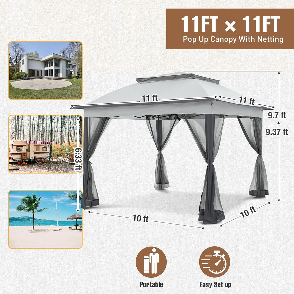 11x11 Pop Up Gazebo Tent with Mesh Netting, Instant Outdoor Canopy with UPF 50+ UV Protection, Water Resistant, Gray