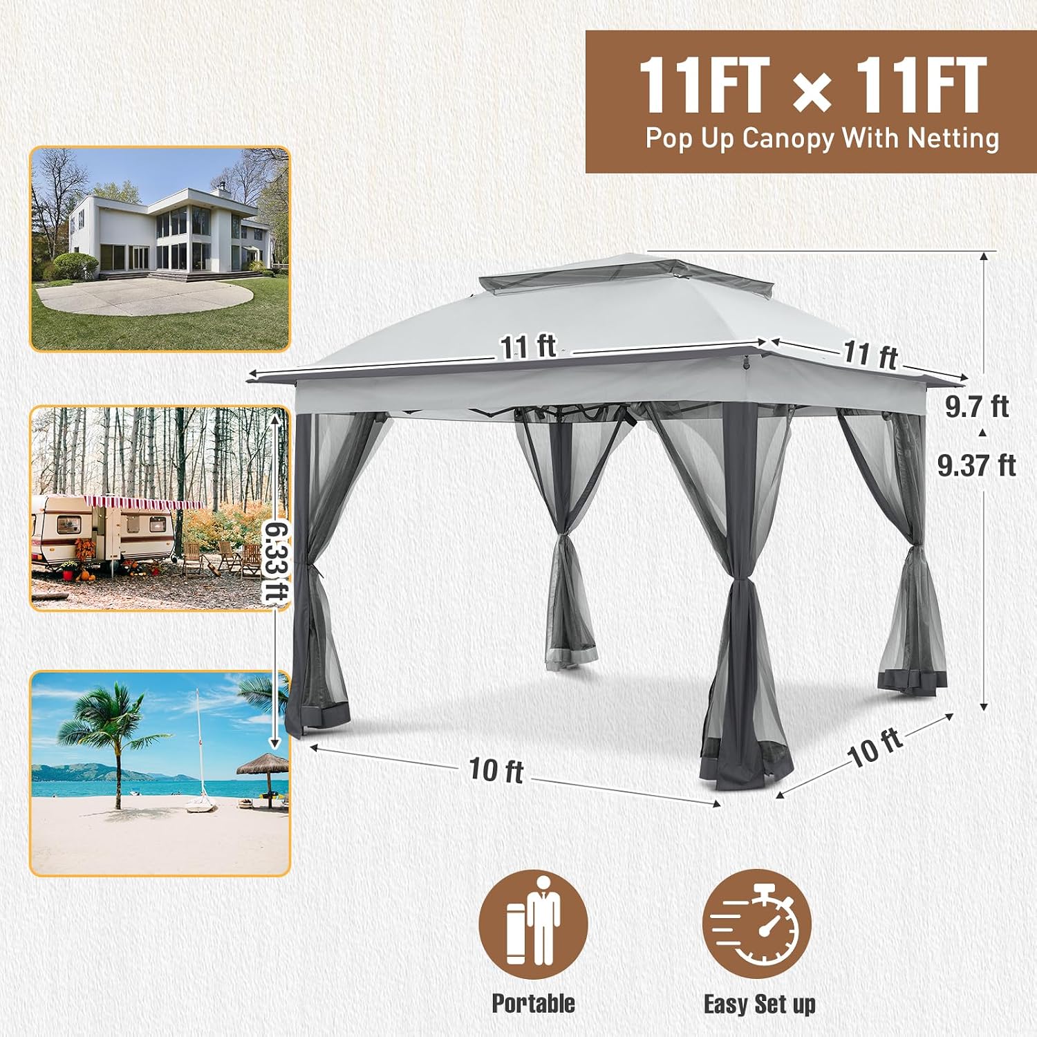 11x11 Pop Up Gazebo Tent with Mesh Netting, Instant Outdoor Canopy with UPF 50+ UV Protection, Water Resistant, Gray