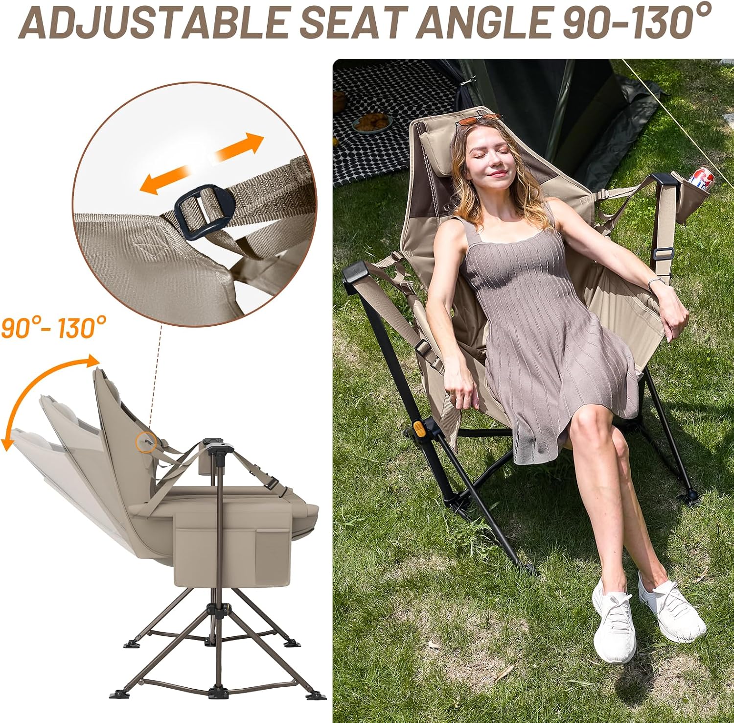 TIMBER RIDGE Hammock Camping Chair with Adjustable Backrest, Heavy Duty Folding Hammock Chair Supports 300lbs, Portable Hammock Chair for Camping, Travelling and Patio, Tan 2 Pack