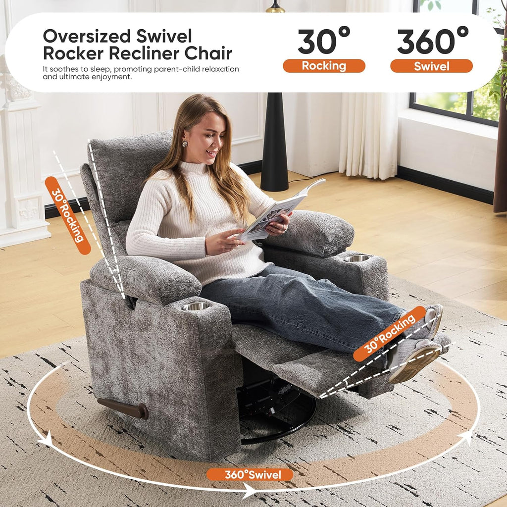 Swivel Rocker Recliner with Adjustable Armrests, Rocking Nursery Chair with Adjustable Headrest, Cup Holder, Manual Recliner Nursing Chair for Breastfeeding, Chenille Dark Grey