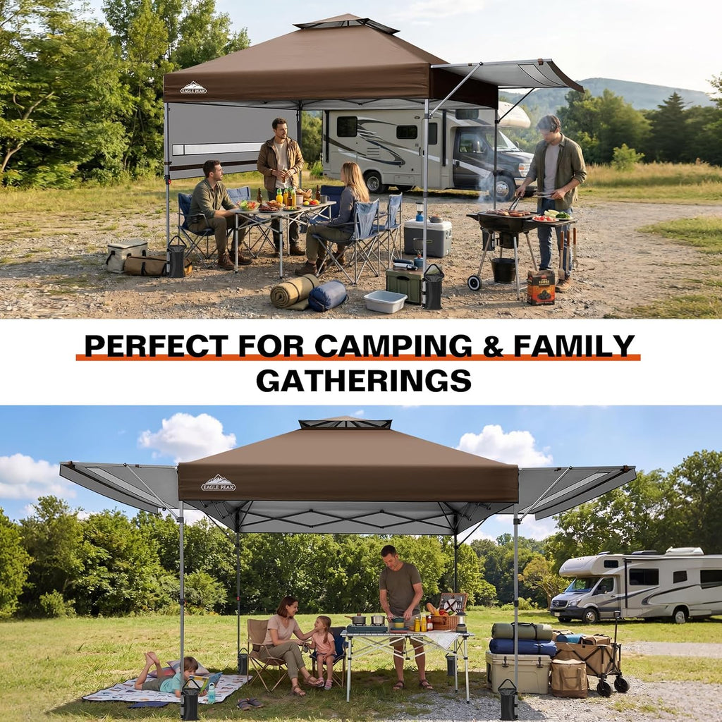 EAGLE PEAK 17x10 Pop up Gazebo Canopy Tent Outdoor Instant Canopy Shelter with Adjustable Dual Half Awnings (Brown)
