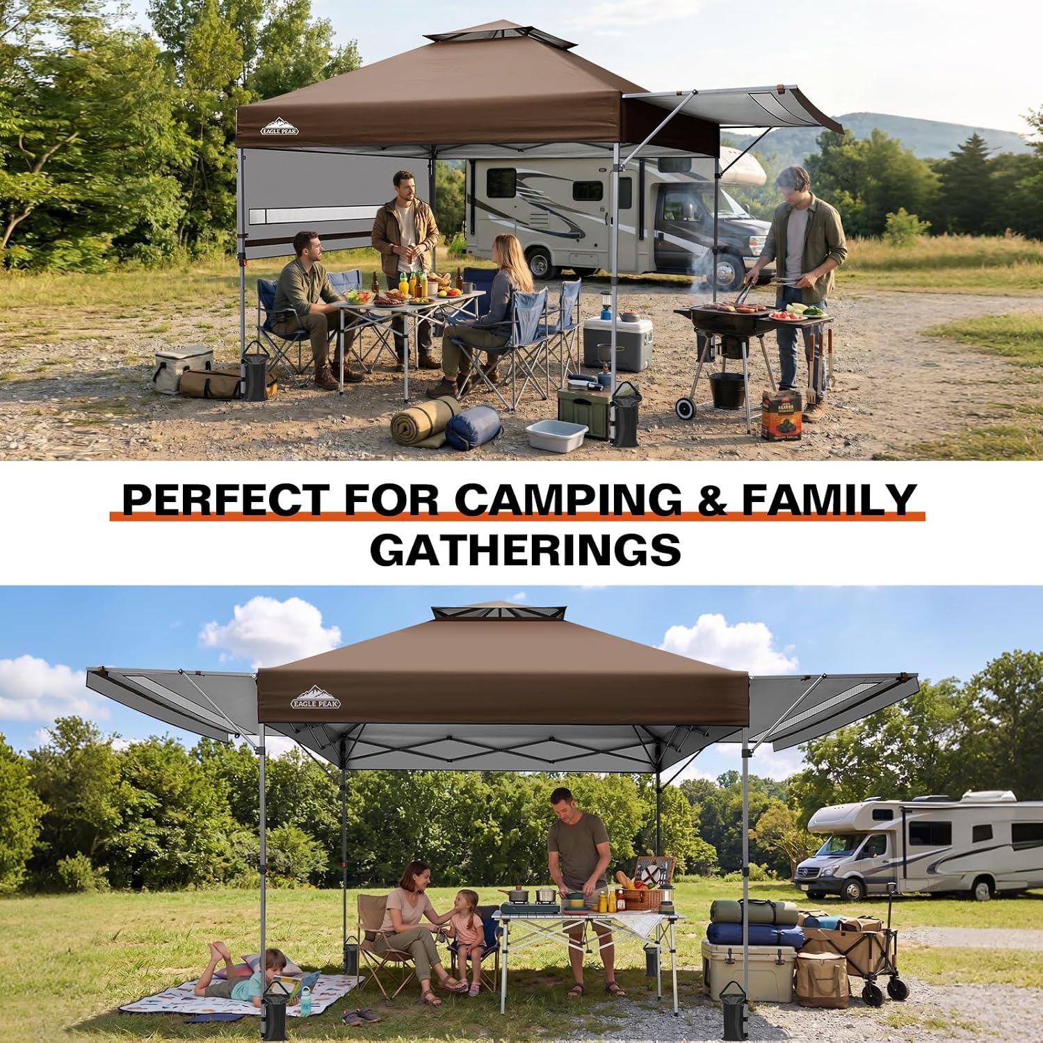 EAGLE PEAK 17x10 Pop up Gazebo Canopy Tent Outdoor Instant Canopy Shelter with Adjustable Dual Half Awnings (Brown)
