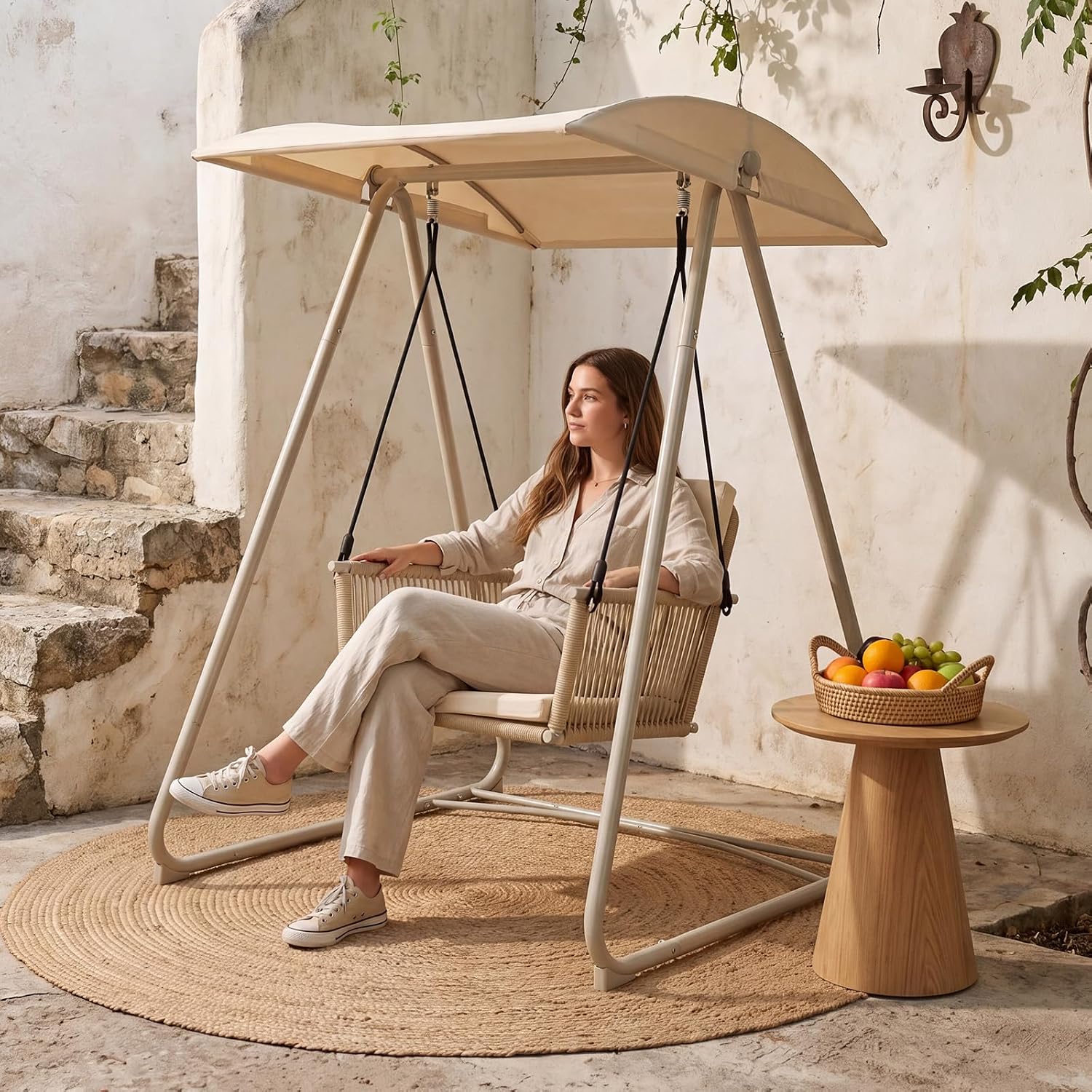 Porch Swing with Stand, Outdoor Swing with Canopy, All Weather Outdoor Swings for Adults, 400lbs Heavy Duty Porch Swings with Removable Cushions, Single Hanging Chair for Small Space, Beige