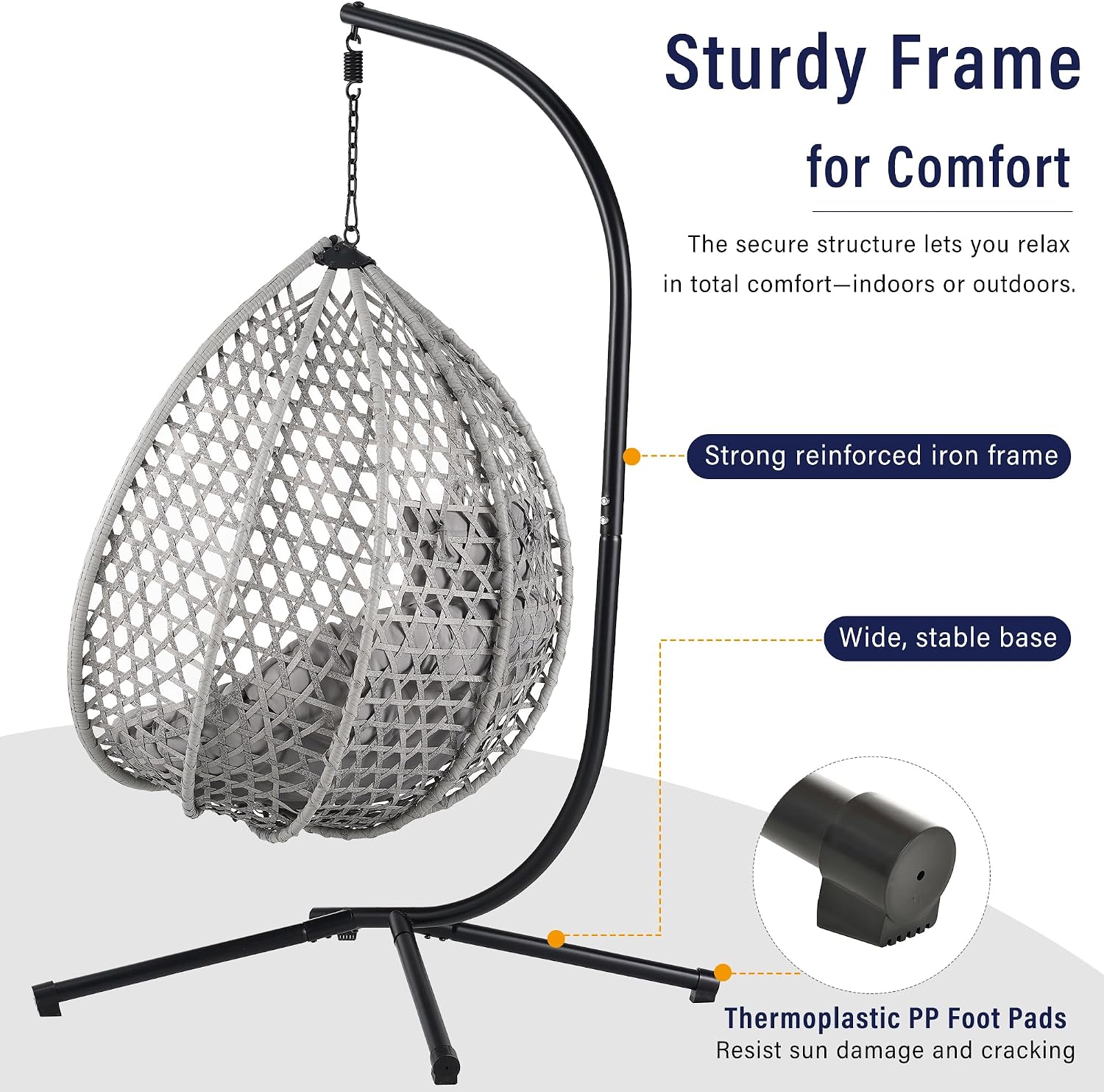 Polibi Hanging Egg Chair with Stand - PE Rattan Indoor Outdoor Swing Chair Heavy Duty 330lbs - Breathable Hollowed Design & Adjustable Headrest - Patio Balcony Garden Lounger,Gray+Gray