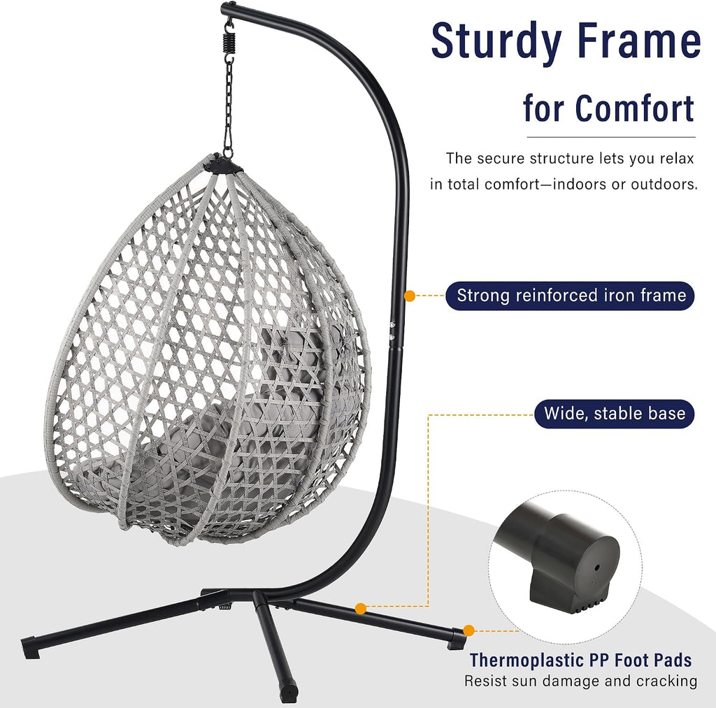 Indoor Outdoor Hammock Chair with Stand, Rattan Egg Hanging Swing Chair with Cushion for Balcony Bedroom Garden (Gray+Gray)