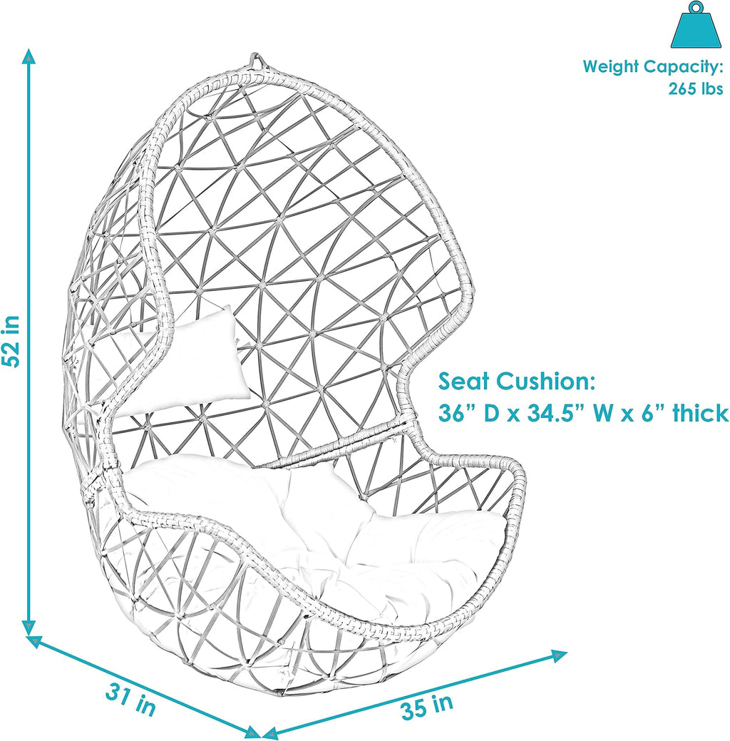 Sunnydaze Danielle Hanging Egg Chair - Resin Wicker Basket Design - Outdoor Use - Includes Beige Cushion
