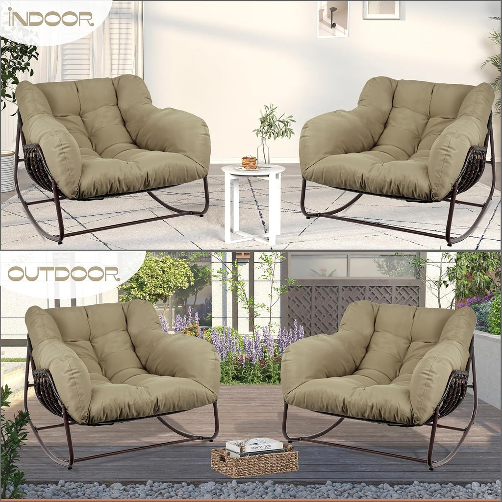 Outdoor Papasan Rocking Chair, Oversized Patio Rocking Chairs with Padded Cushion& Pillow-Comfortable Rocker Egg Chair for Front Porch, Garden, Patio, Backyard,1PC,Khaki