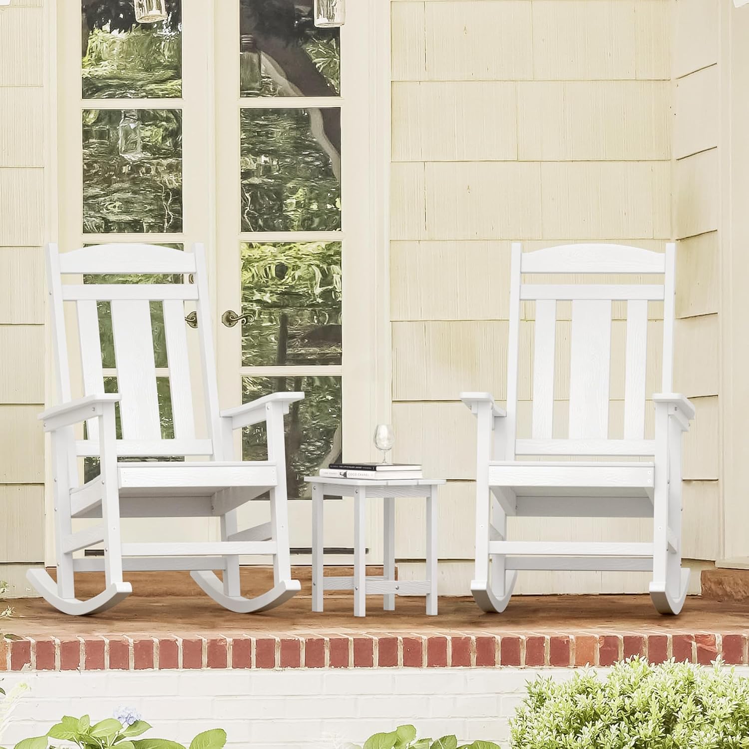LUE BONA Outdoor Rocking Chairs Set, 3-Piece, HDPS Poly Porch Rockers with Table, Plastic Weather Resistant Rocking Chair Set for Outdoor Indoor, Garden, Backyard, 350lb,White Chairs+Table