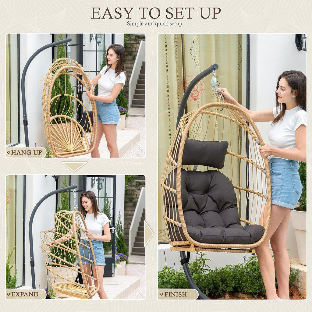 Yechen Hanging Egg Chair with Stand & Footrest, Foldable Wicker Rattan Swing Chair for Indoor Outdoor, Patio Hammock Chair with UV-Resistant Cushion, 350 lbs Capacity for Bedroom Porch Garden