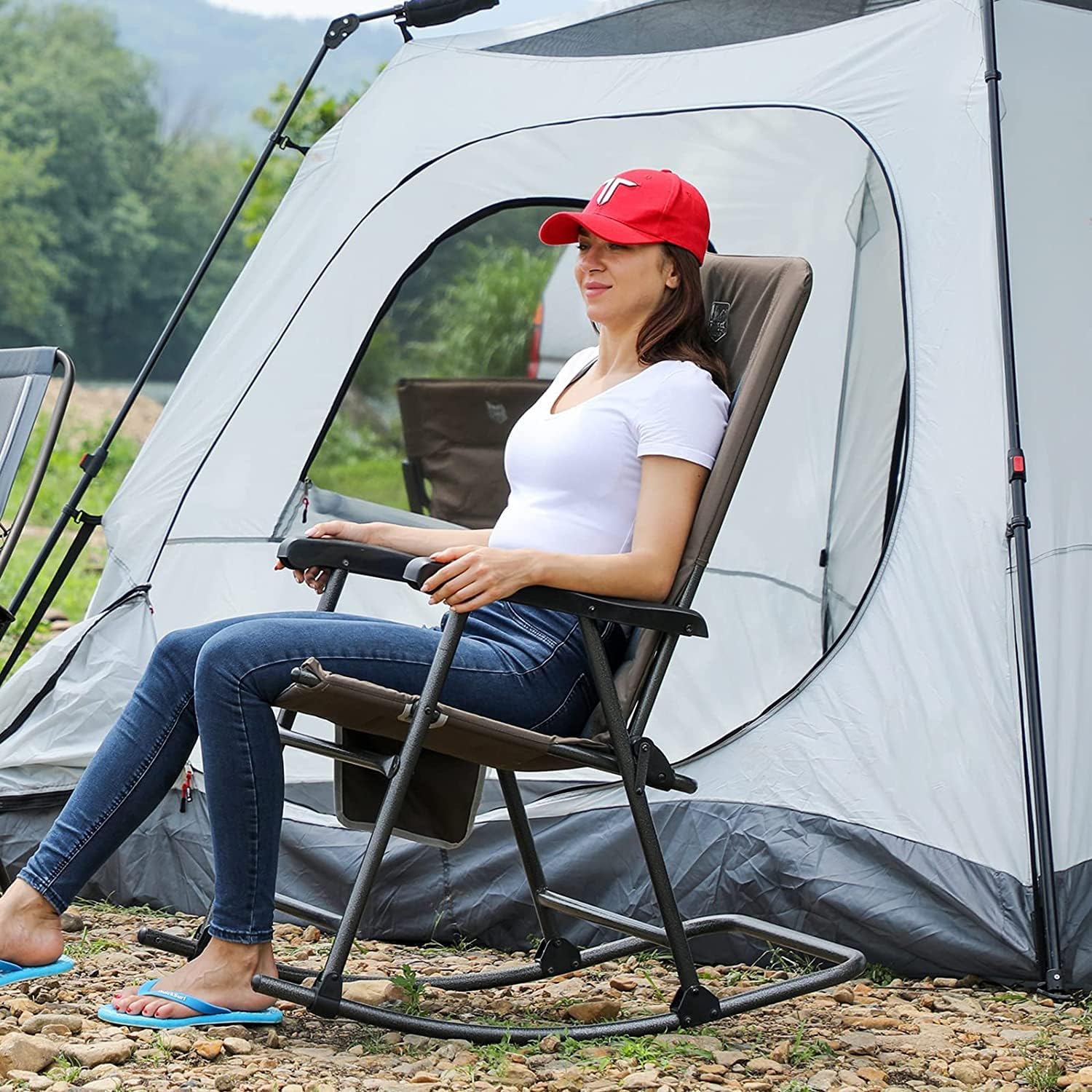 TIMBER RIDGE Outdoor Folding Rocking Chair, 29' Padded High Back Neck & Back Support, Hard Armrests for Easy Stand Up, Stable Steel Frame Supports 300 lb, Quick Fold for Patio, Lawn & RV Camping,Brown