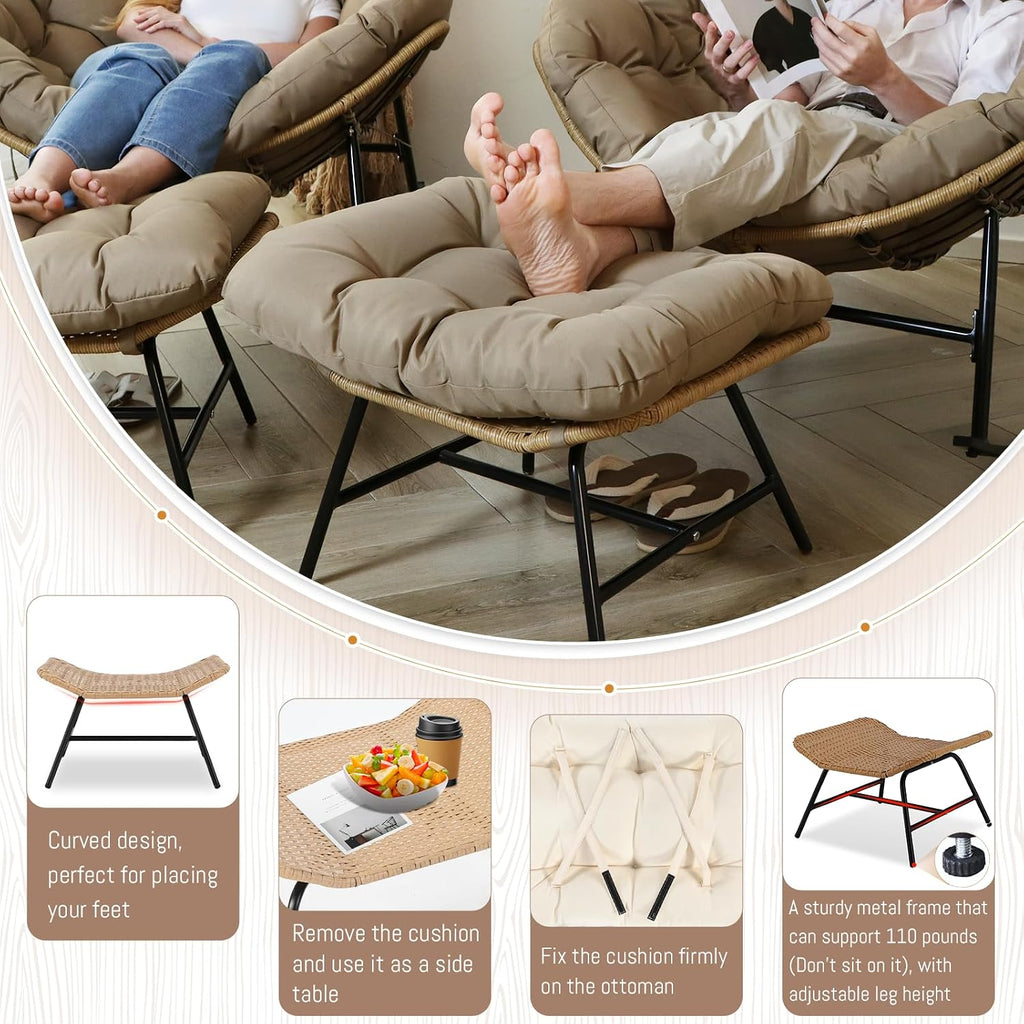 BULEXYARD 4 PCS Rocking Papasan Chair with Ottoman, 2 Person Patio Egg Rocker with Brown Cushion, Double Rocking Chair for Reading/Relaxing, Comfortable Wicker Recliner for Balcony, Porch, Garden