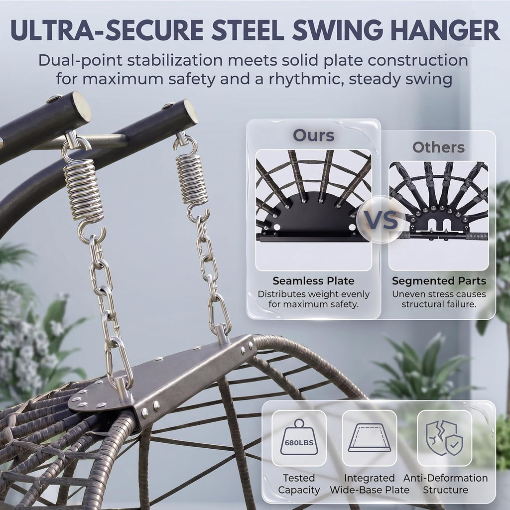 BULEXYARD Double Hanging Egg Swing Chair with Removable Cover, Extra Large 2 Person Patio Chair with Stand, Comfy Wicker Loveseat with Cushion for Indoor Outdoor Balcony Backyard, Dark Gray