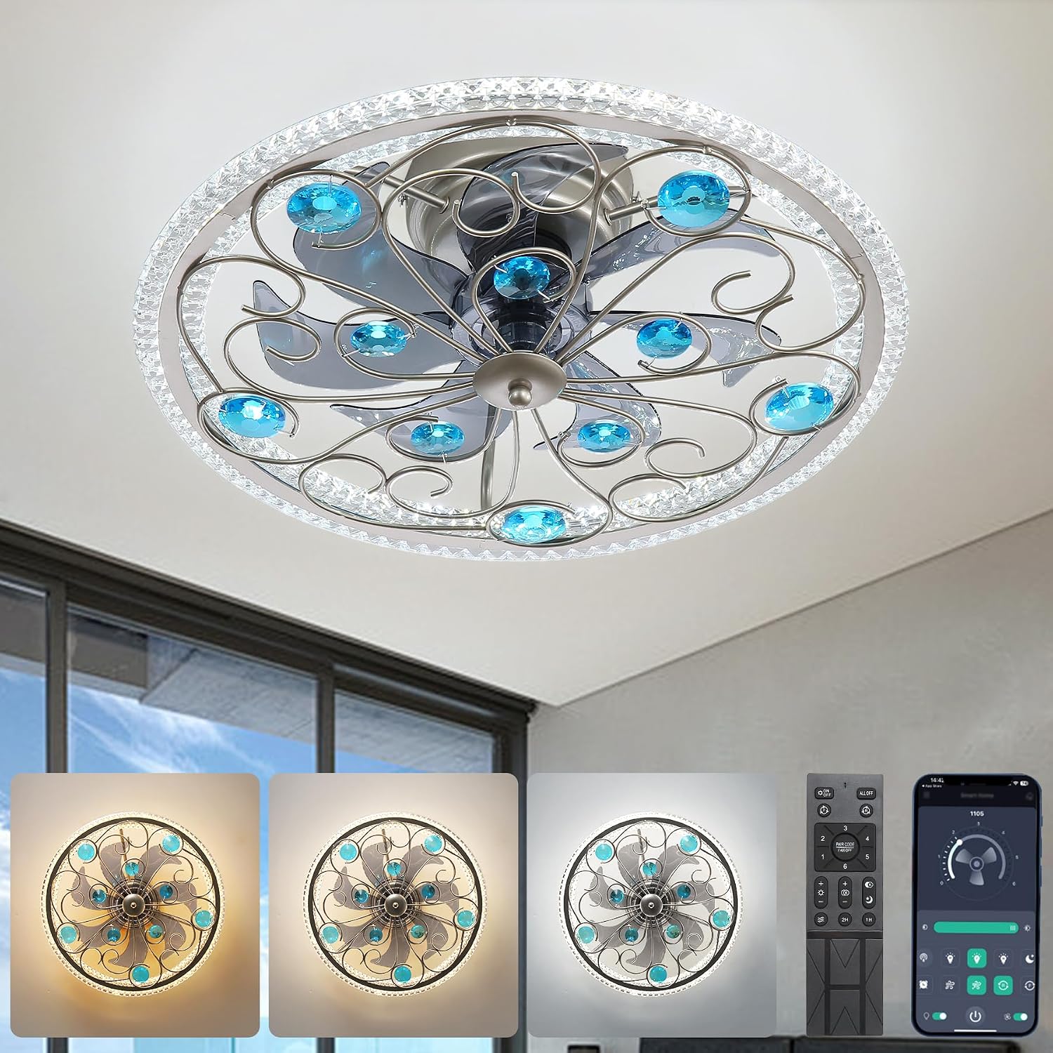 Low Profile Ceiling Fan with Lights 20' Remote Bladeless Ceiling Fan Boho Vintage Flush Mount Ceiling Fans with Light 3 Color Smart LED Dimmable,Handmade Antique Vintage Blue Crystal