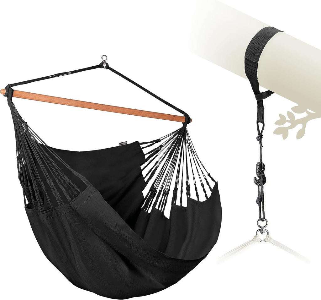 LA SIESTA® XL King Habana Cotton Hammock Chair Swing & Tree Mount Kit - Hammock Swing Chair w/Suspension Kit for Trees Beams & Posts - Indoor Outdoor Hanging Chair for Bedroom Patio - Onyx