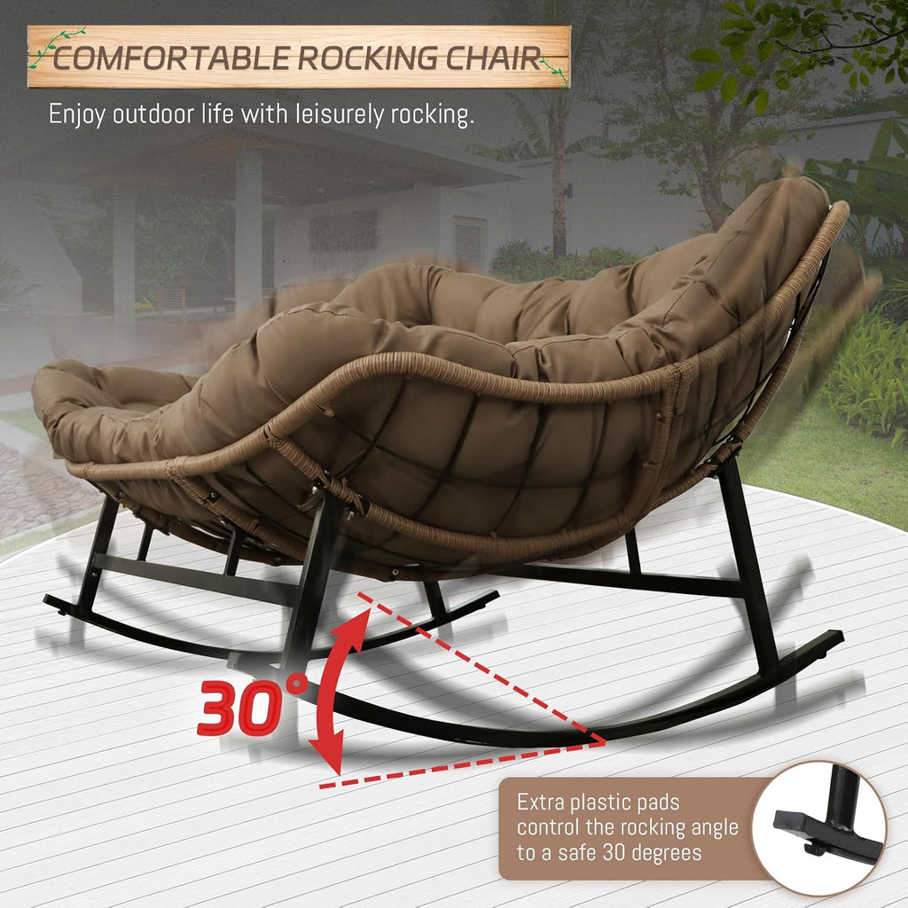 BULEXYARD Double Papasan Rocking Chair Indoor Outdoor, 2 Person Wicker Rocking Egg Chair with Cushions for Relaxing/Napping, Heavy Duty Cozy Patio Lounge Loveseat for Balcony, Porch, Brown