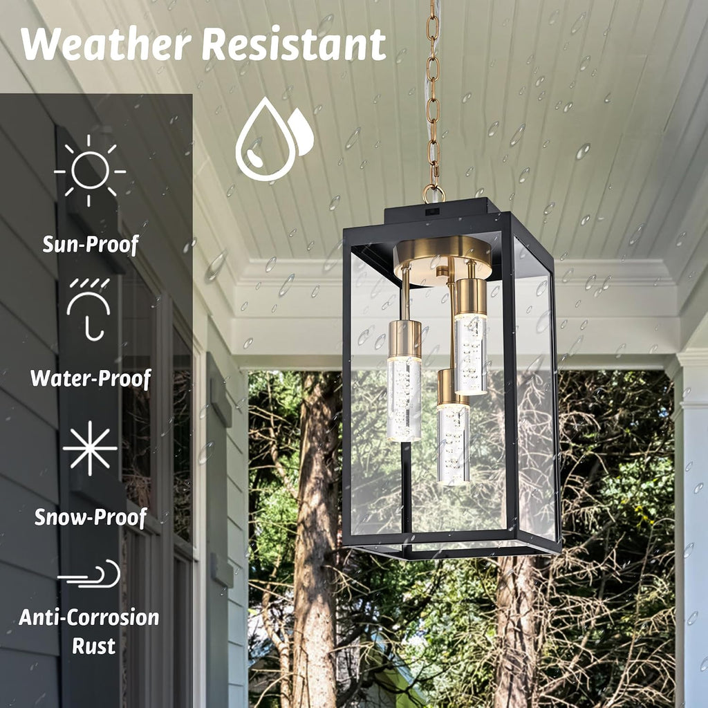 MELUCEE 5 Color Dimmable LED Exterior Lantern Hanging Light Ceiling Mount with Clear Glass, Black 16 Inch Outdoor Pendant Light Outside Chandelier for Porch Garage Gazebo Patio, Built-in LED Chips