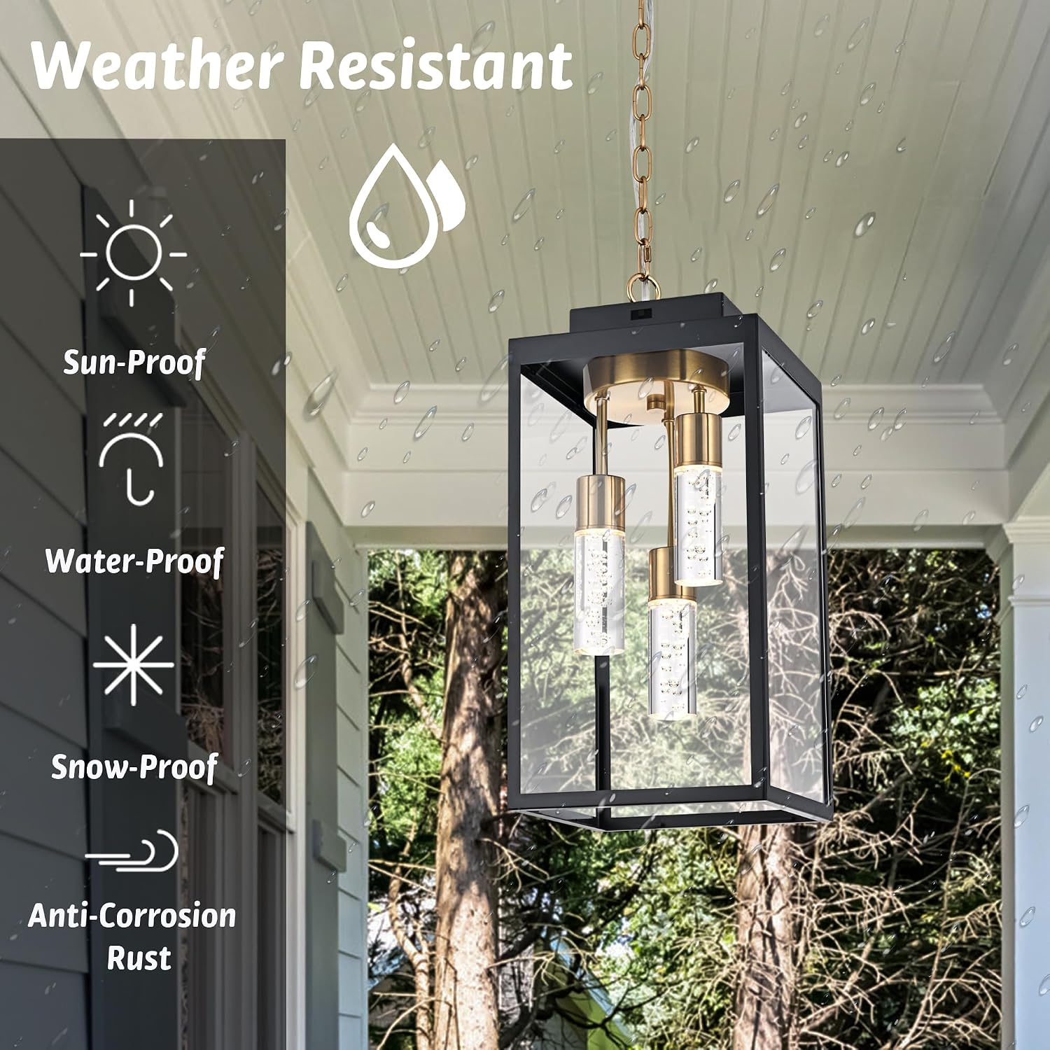 MELUCEE 5 Color Dimmable LED Exterior Lantern Hanging Light Ceiling Mount with Clear Glass, Black 16 Inch Outdoor Pendant Light Outside Chandelier for Porch Garage Gazebo Patio, Built-in LED Chips