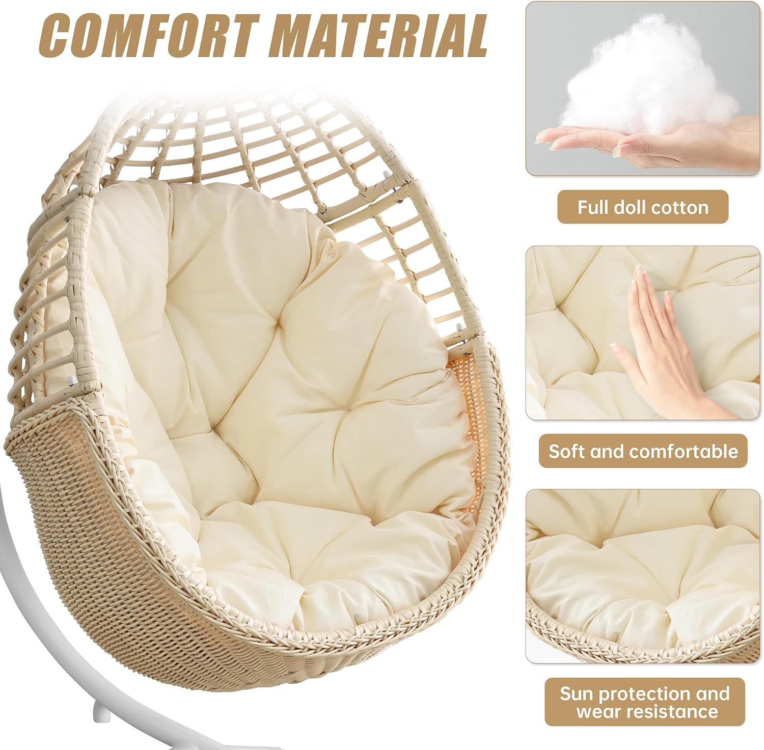 TWT Egg Swing Chair with Stand Beige Outdoor - Rattan Wicker Patio Hanging Basket Hammock Chair with Metal Frame and UV Resistant Cushion for Indoor Bedroom Balcony (Claws Base)
