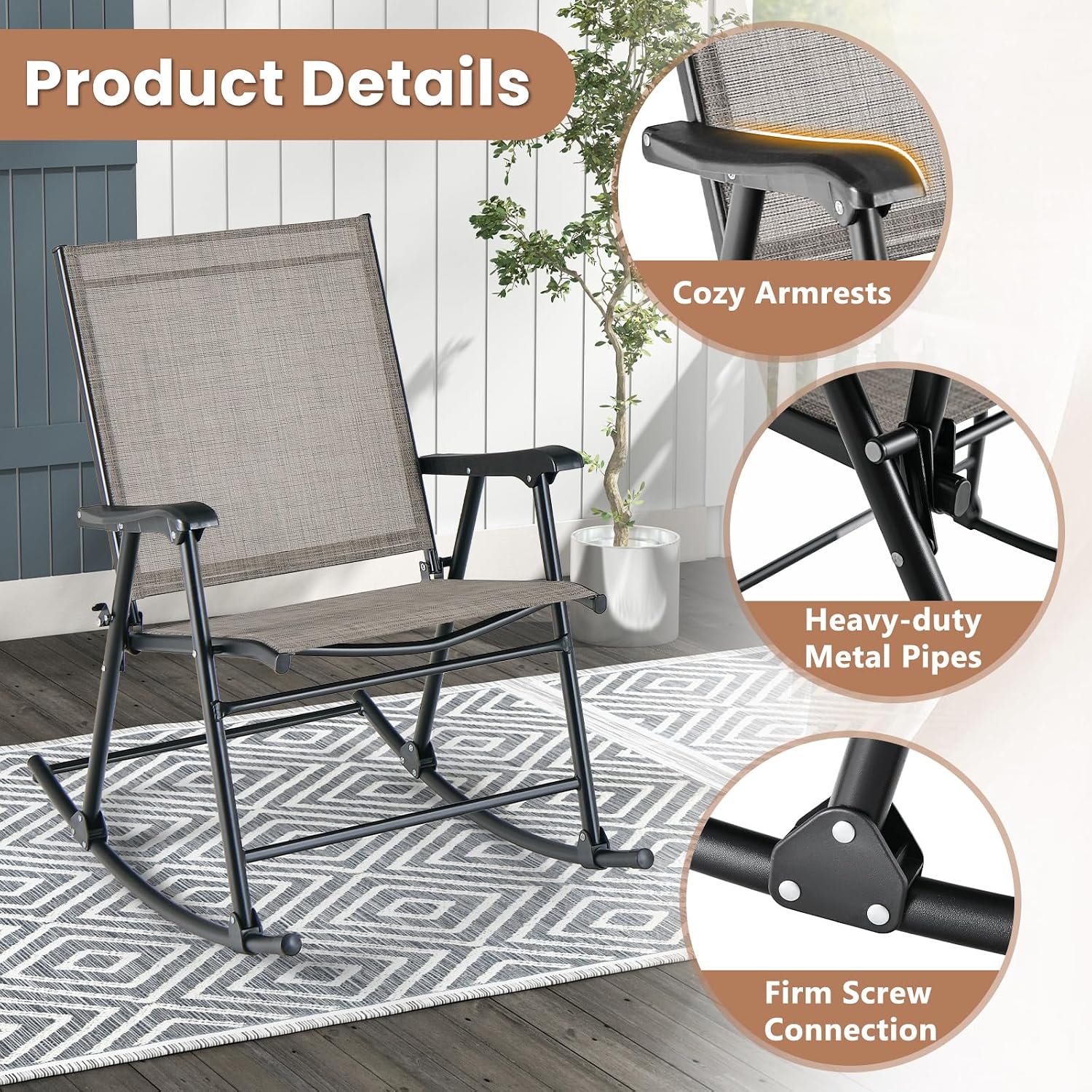 Tangkula Folding Rocking Chair Set of 4, Patio Rockers with Breathable Seat Fabric & Sturdy Metal Frame, Smooth Rocking Motion, Heavy-Duty Outdoor Rocker for Backyard, Front Porch, Poolside