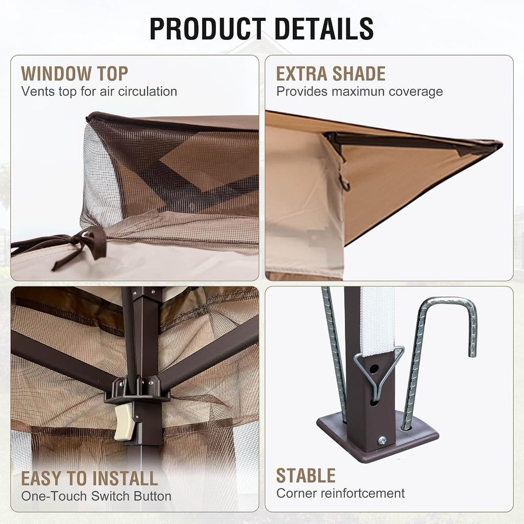 Pop Up Gazebo 11x11, Outdoor Instant Canopy Shelter Tent with Mosquito Netting Metal Frame Storage Bag for Patio Garden Backyard.(Beige)