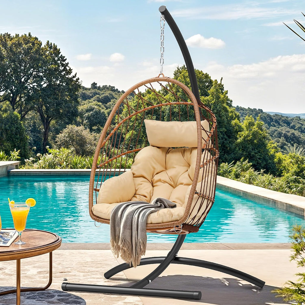 YITAHOME Hanging Egg Chair, Outdoor Patio Wicker Hammock Egg Chair Indoor with Cushion, Rattan Swing Chair 300lbs for Balcony, Garden Bedroom, Beige with Stand