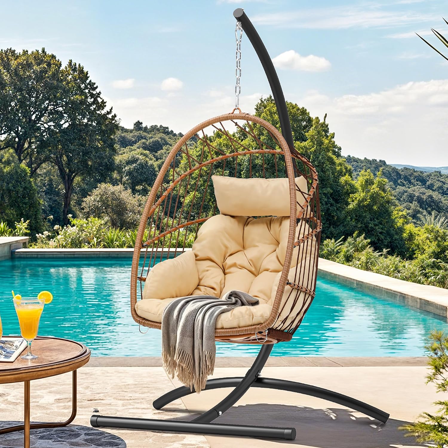 YITAHOME Hanging Egg Chair, Outdoor Patio Wicker Hammock Egg Chair Indoor with Cushion, Rattan Swing Chair 300lbs for Balcony, Garden Bedroom, Beige with Stand