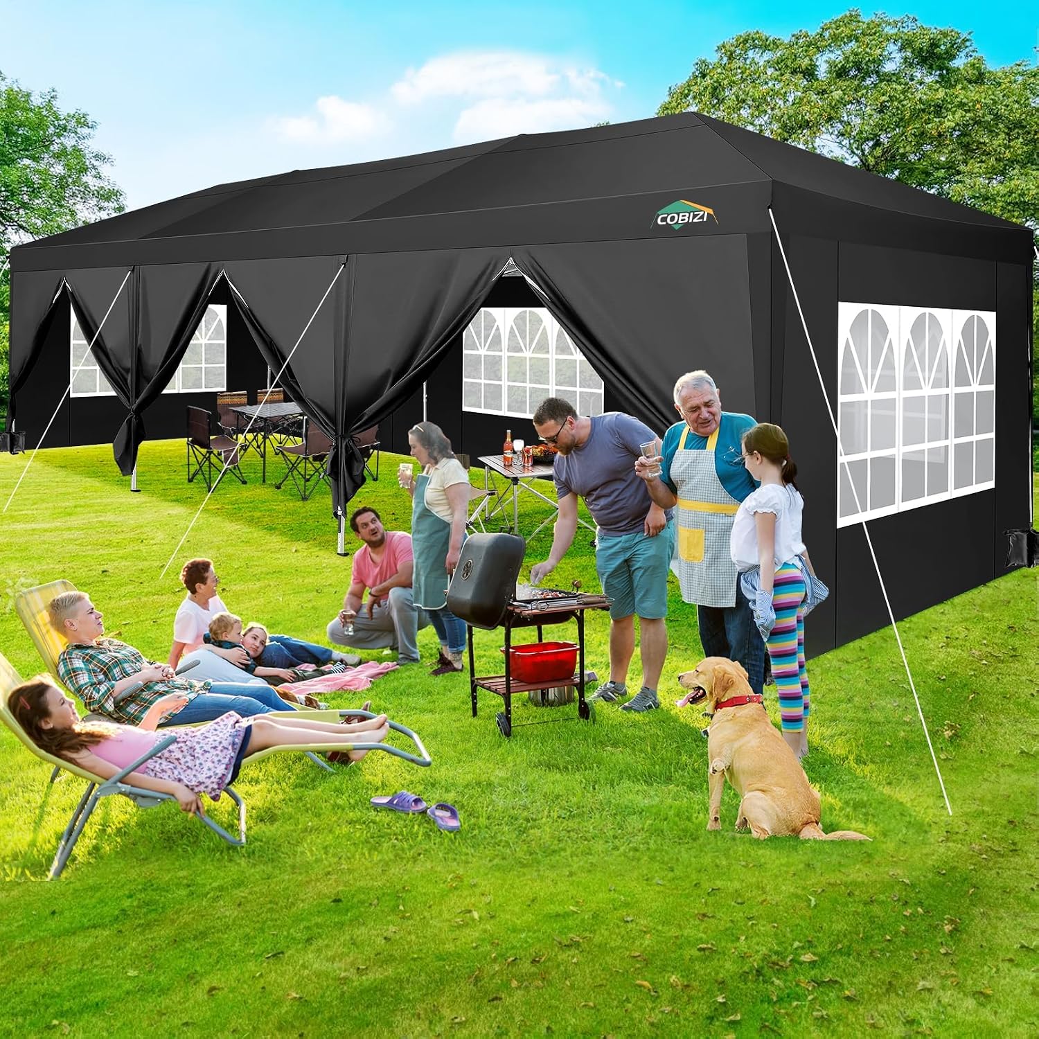COBIZI 10x30 Pop Up Canopy Tent for Parties with 8 Sidewalls Waterproof Commercial Instant Canopy 10x30 Party Tent for Backyard, Wedding Portable Outdoor Gazebo with Carrybag&4 Sandbags(Black