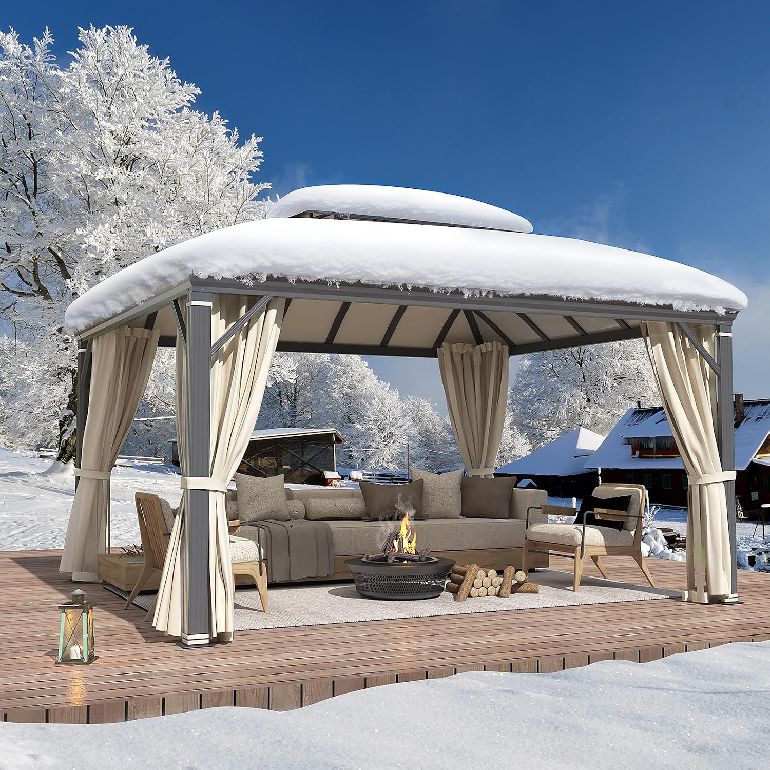 YOLENY 12'x14' Hardtop Gazebo, Permanent Outdoor Aluminum Patio Gazebo with Aluminum Composite Double Arc Roof for Patio Lawn and Garden, Curtains and Netting Included