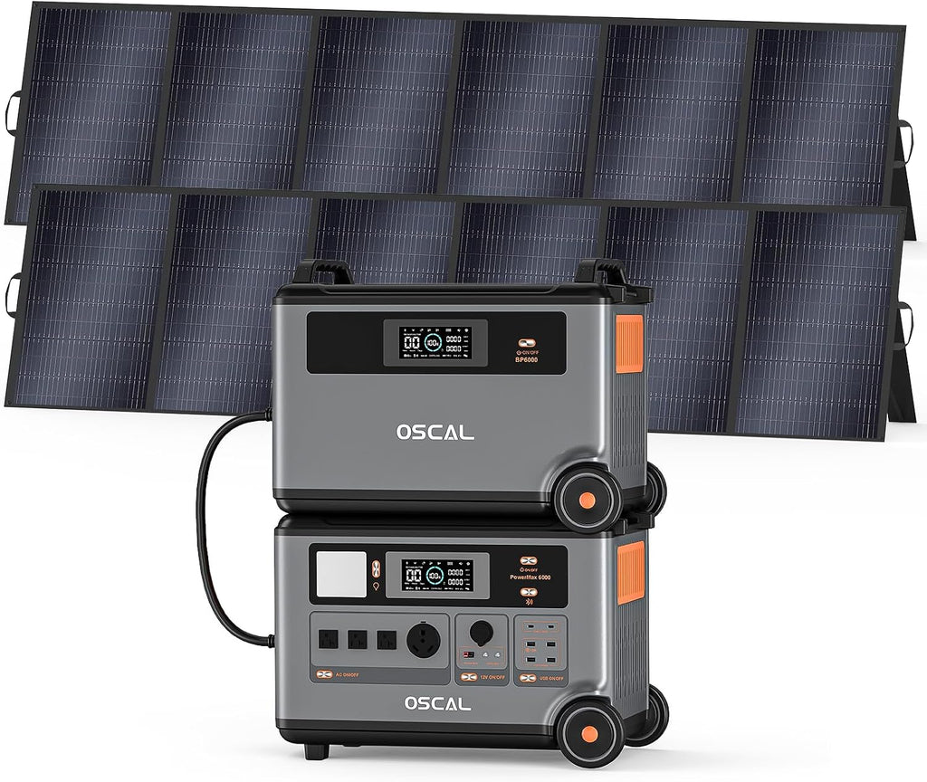 OSCAL 7200Wh Portable Power Station PowerMax 6000 with 2x500W Solar Panel, 120/240V Solar Generator, Max 6000W AC Outlets (9000W Peak), LiFePO4 Battery Power Station for Home, Camping, RV, Emergency