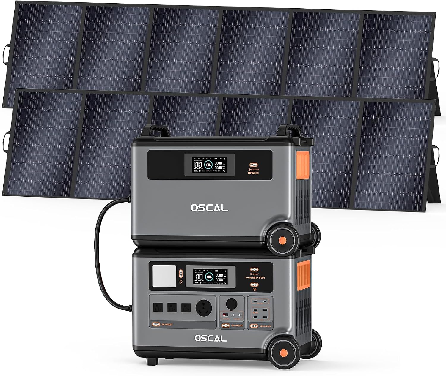 OSCAL 7200Wh Portable Power Station PowerMax 6000 with 2x500W Solar Panel, 120/240V Solar Generator, Max 6000W AC Outlets (9000W Peak), LiFePO4 Battery Power Station for Home, Camping, RV, Emergency