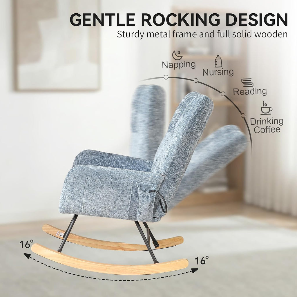Rocking Chair with Airbag, Comfy Modern Reading & Nursing Nursery Rocking Chair Indoor, Cozy Upholstered Glider Rocker Chairs for Living Room Bedroom Offices, (Chenille, Blue)