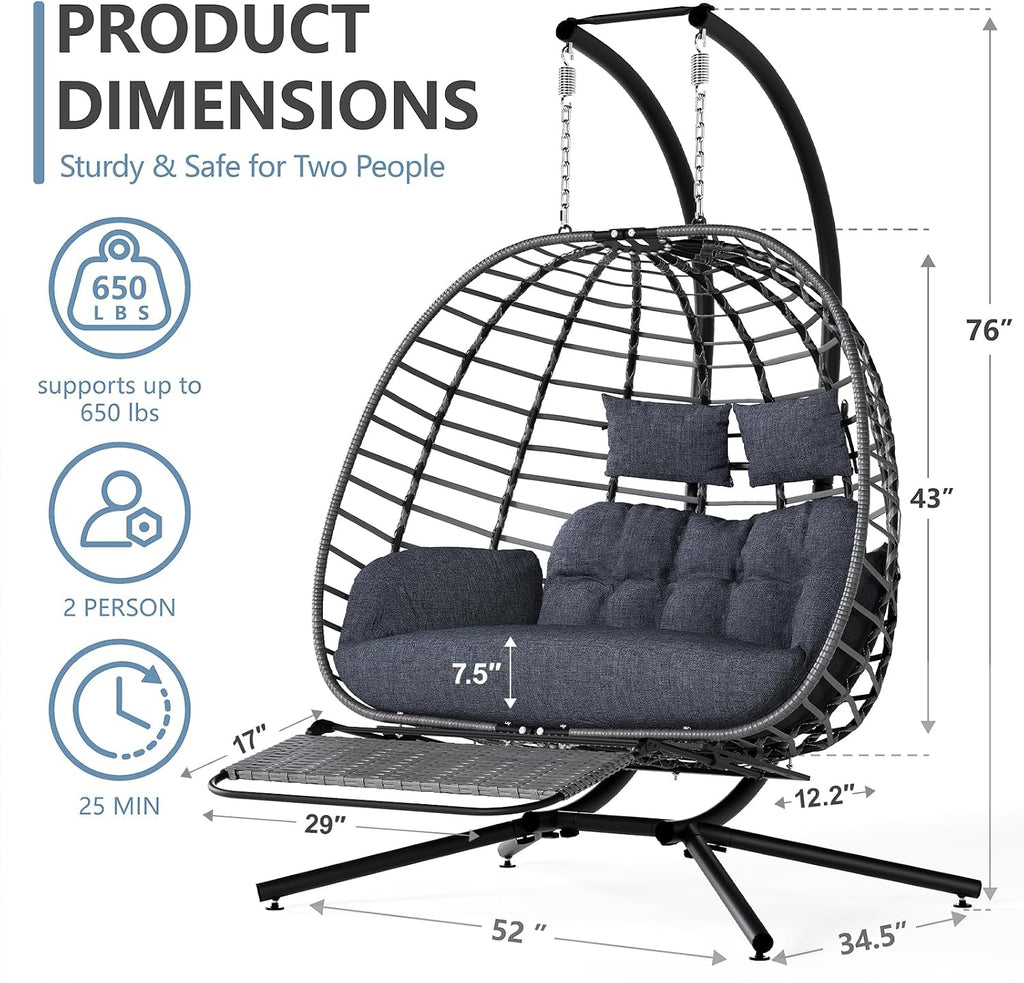 SWITTE Double Egg Swing Chair with Stand & Footrest, Outdoor Patio 2 Person Hanging Wicker Hammock Chairs with Cushion for Indoor Bedroom, Lawn, Garden-Heather Gray