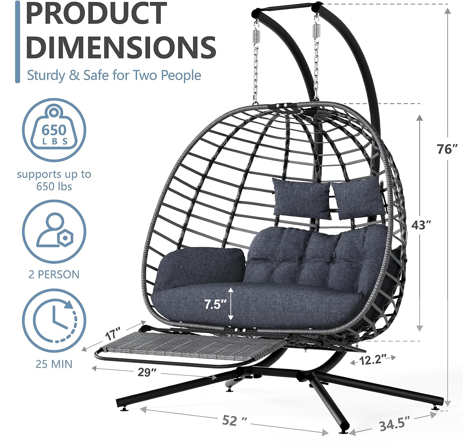 SWITTE Double Egg Swing Chair with Stand & Footrest, Outdoor Patio 2 Person Hanging Wicker Hammock Chairs with Cushion for Indoor Bedroom, Lawn, Garden-Heather Gray