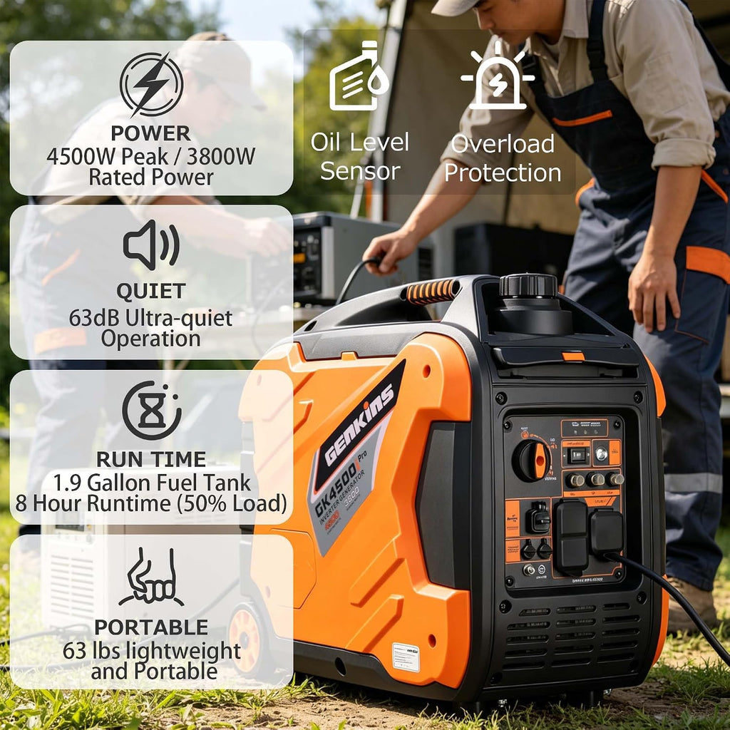 Genkins Portable Inverter Generator 4500W Gas Powered Pure Sine Wave Lightweight Quiet Parallel Capability for Camping RV Home Backup