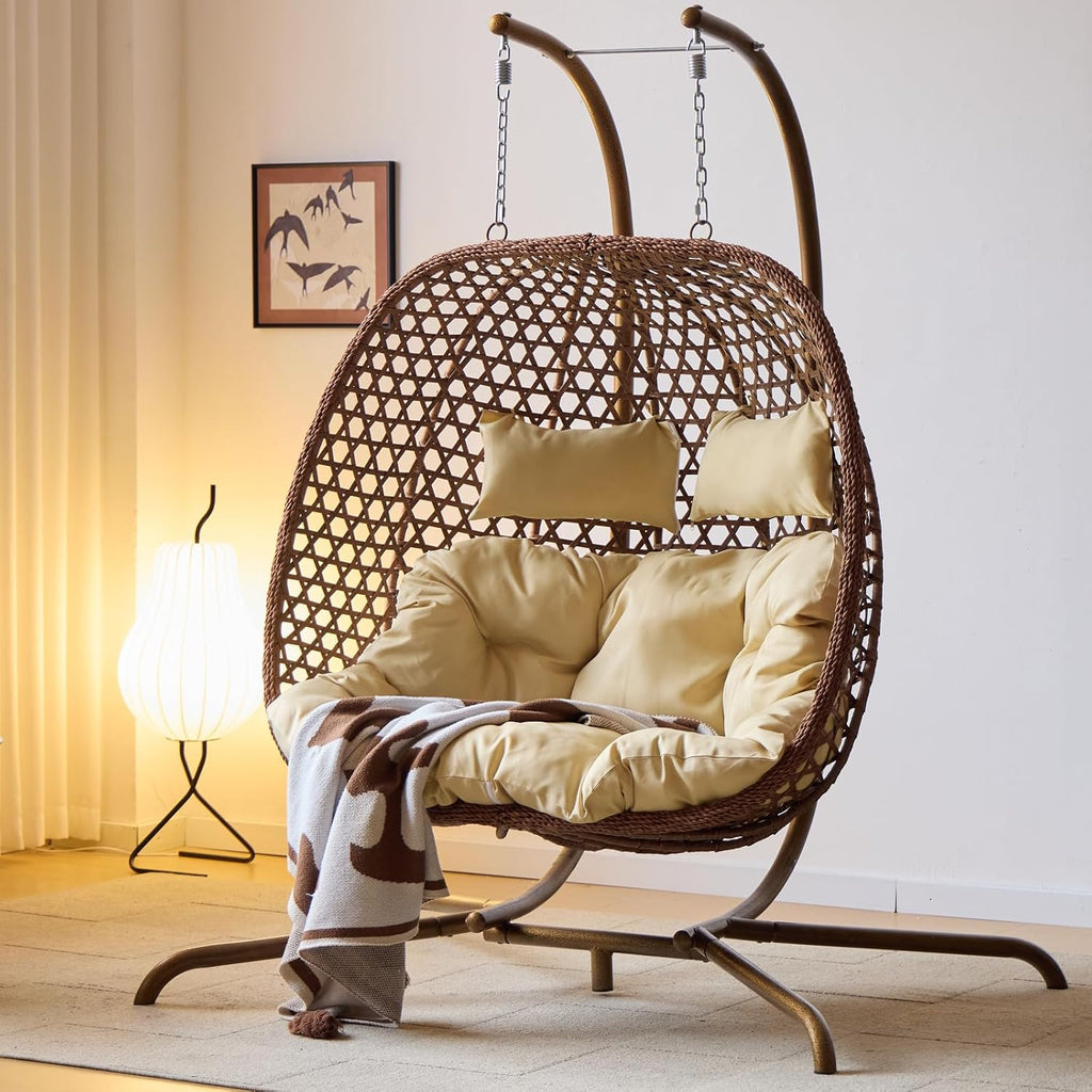Double Swing Egg Chair with Stand, Hexagon Rattan Wicker Swing Chair Outdoor, Large 2 Person Patio Hanging Chair with Foldable Loveseat Removable Cushions (Beige)