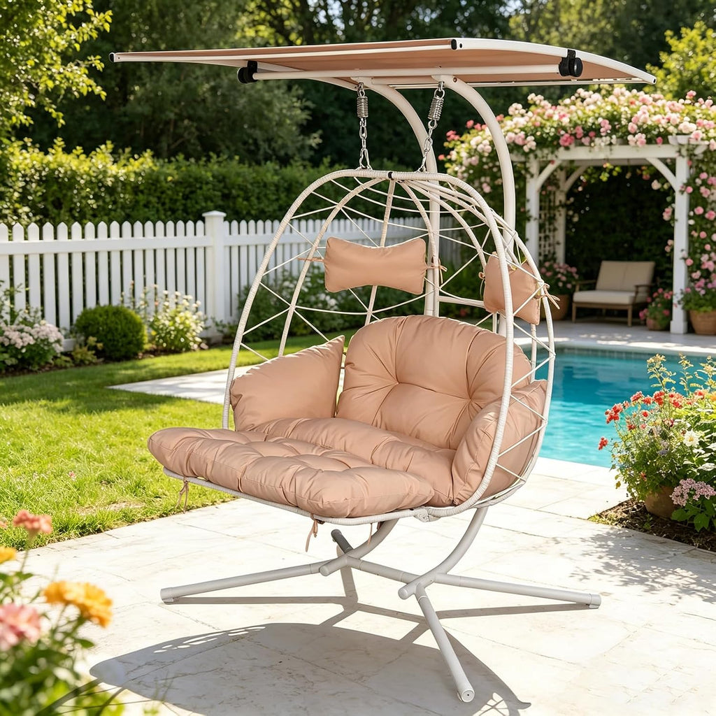 Double Egg Chair Outdoor with Stand & Canopy, 2 Person Hanging Egg Chair with Footrest, Oversized Rattan Wicker Egg Swing Chair for Bedroom Garden, 660Lbs, White-Beige