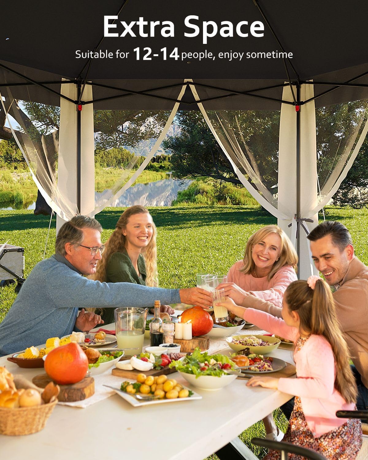 GarveeLife Pop Up Gazebo 13x13ft, Outside Canopy Tent with 6 Pcs Mosquito Netting, One Push Setup for Backyard Patio Garden Activities - Blue & Beige